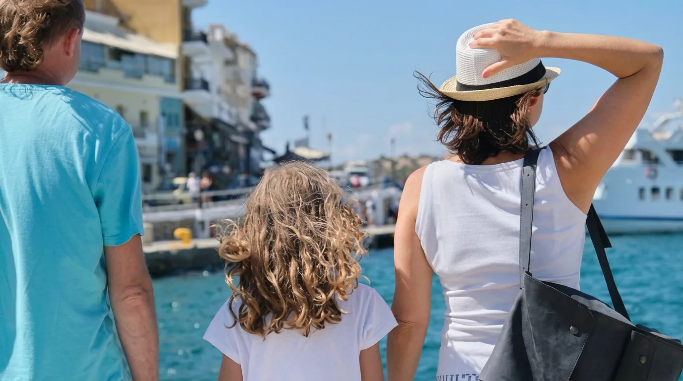 Familie mit Kind von hinten an der Hafenpromenade am Mittelmeer – neuer Lebensmittelpunkt nach Auswanderung