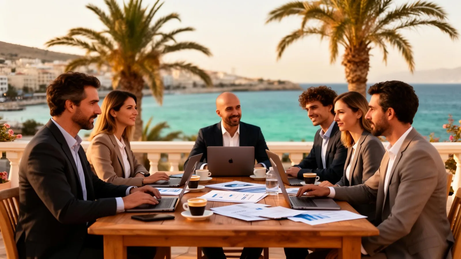 Unternehmer-Team mit Laptops und Espresso auf einer Terrasse am Mittelmeer in Limassol – gelebte Substanz einer zyprischen Firma vor Ort