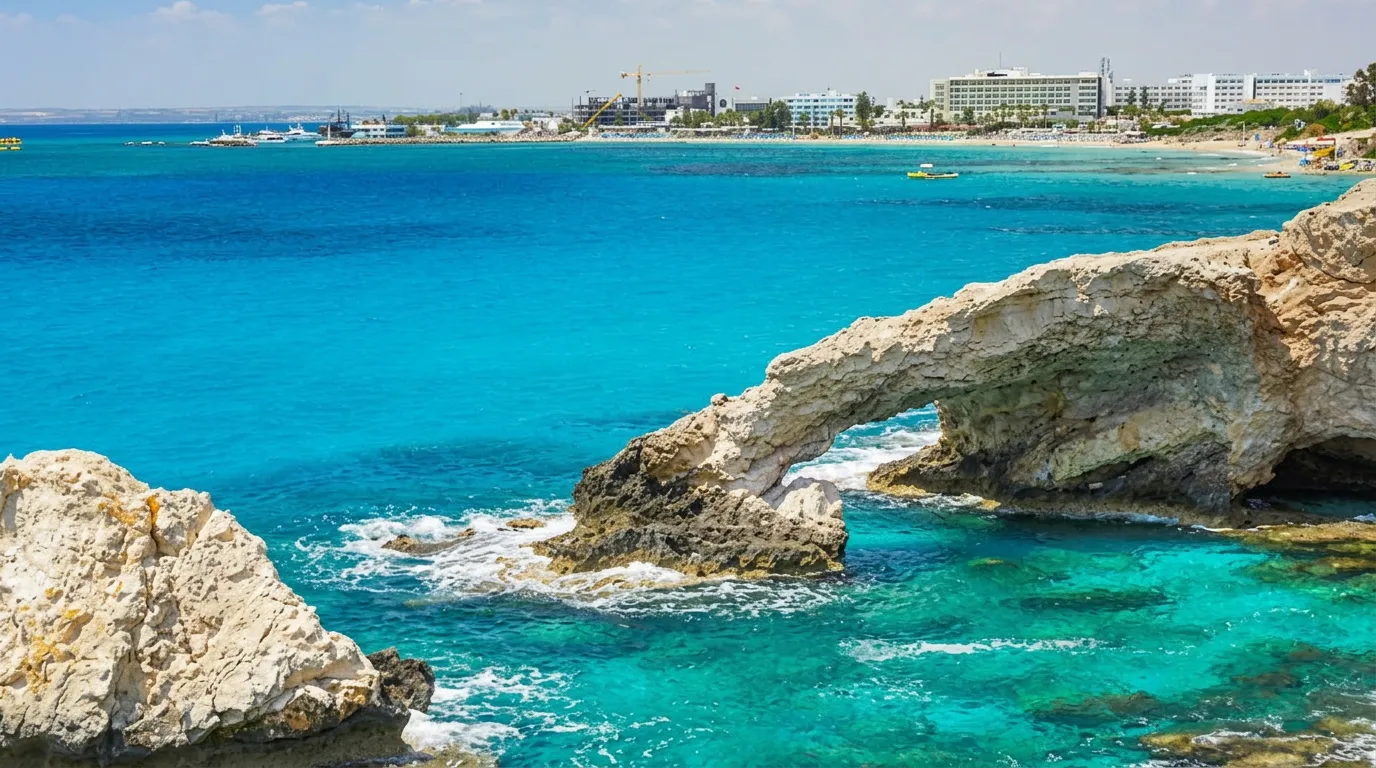 Felsbogen Bridge of Lovers an der Küste von Ayia Napa, Zypern, mit türkisem Mittelmeer